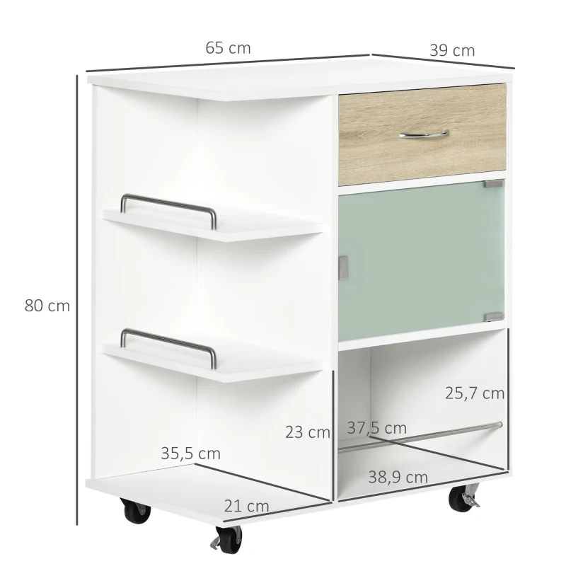 HOMCOM Carrito de Cocina Verdulero con 1 Cajón Puerta de Vidrio y Estantes Carro Auxiliar con Ruedas 65x39x80 cm Natural
