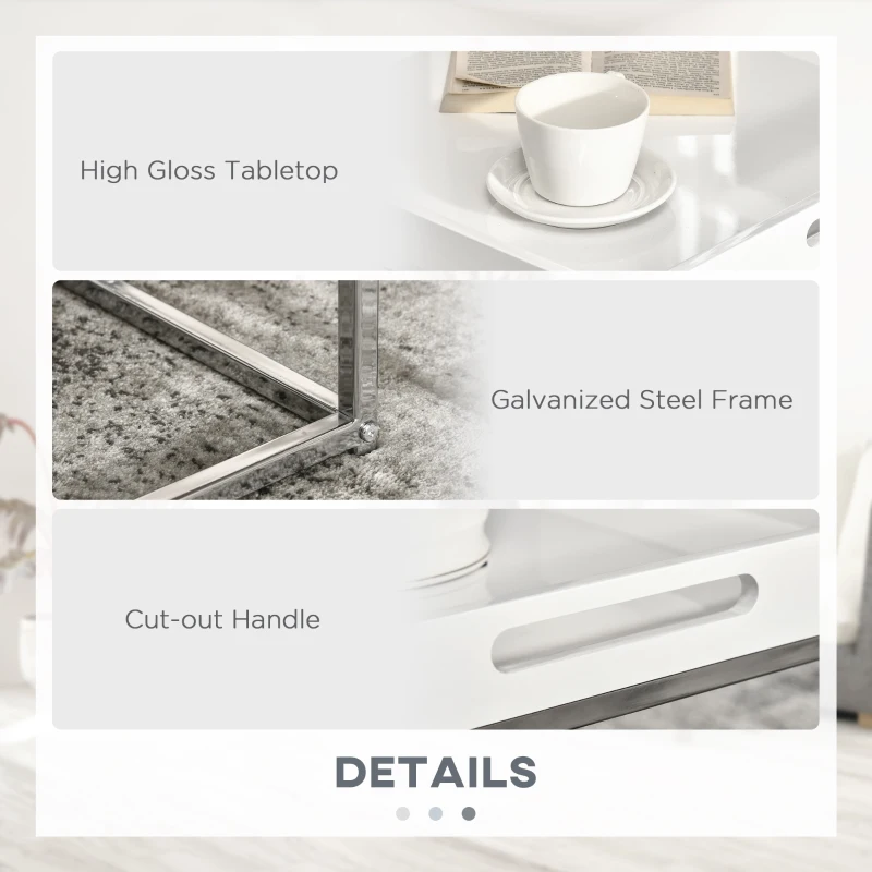 HOMCOM High Gloss Coffee Table Set of 2, Square Nest of Tables with Steel Frame for Living Room, White