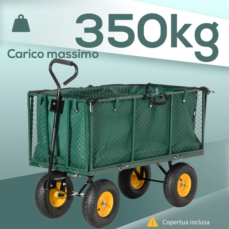 Outsunny Carrello da Giardino in Acciaio con Pareti Laterali Ribaltabili e 4 Ruote, Capienza 342L, Verde