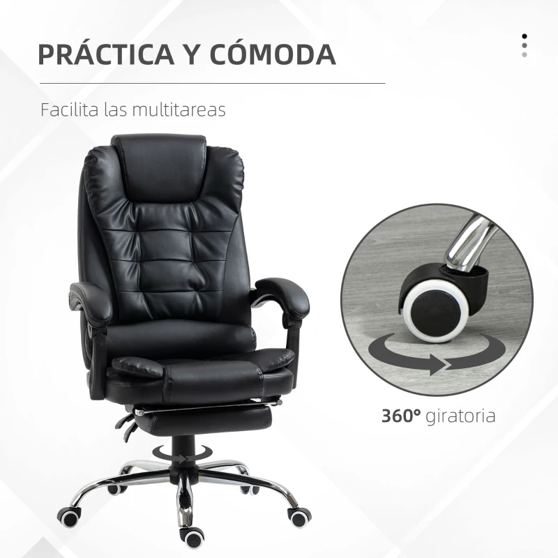 HOMCOM Silla de Escritorio con Reposapiés Silla Ejecutiva Giratoria con Altura Ajustable Tapizada en PU y Reposabrazos Negro