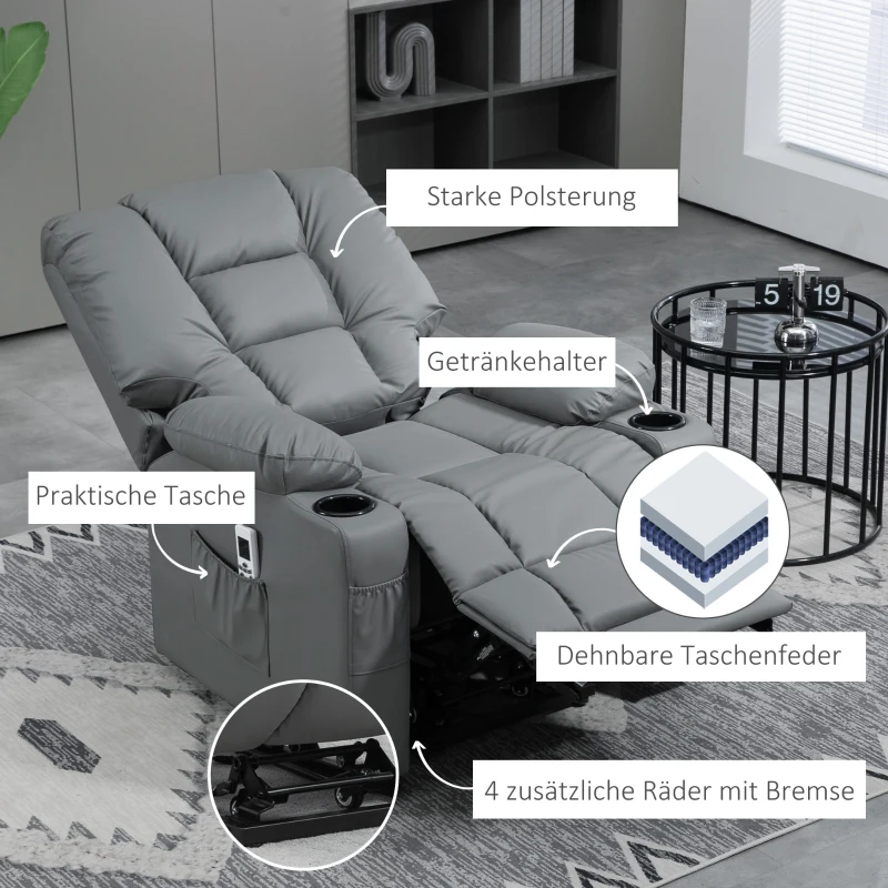 HOMCOM Massagesessel Aufstehhilfe Seniorensessel, inkl. Fernbedienung, 4 Massagemodi, 90  cm x 98 cm x 102 cm, Grau