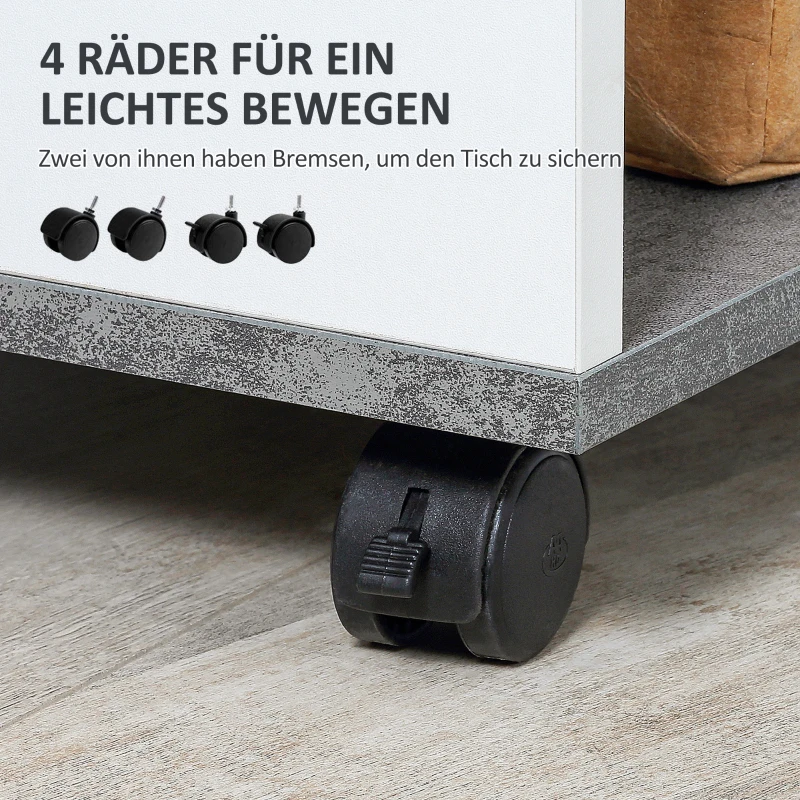 HOMCOM Nachtschrank, mit 4 Rollen, 3 Regale, 35 x 29,5 x 65,5 cm, Grau/Weiß