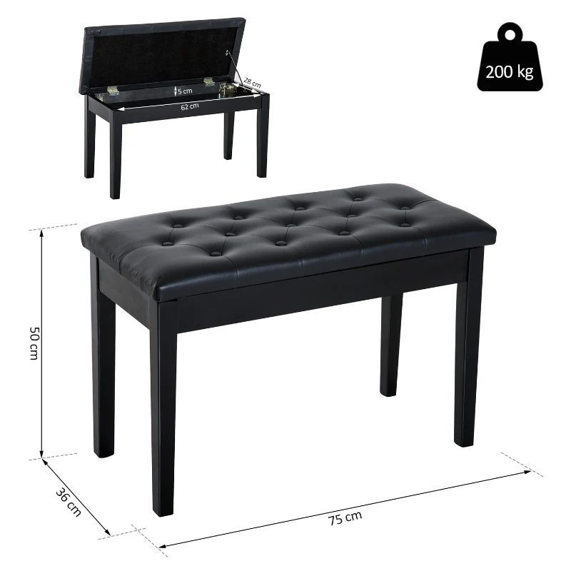 HOMCOM Banquette tabouret siège pour piano avec coffre de rangement pied bois caoutchouc assise capitonnée revêtement synthétique noir
