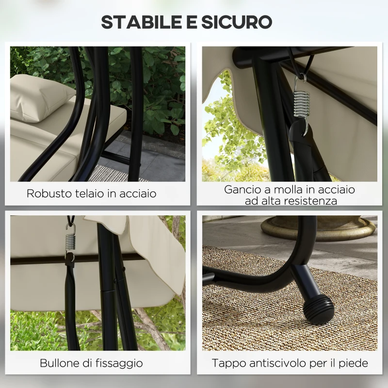 Outsunny Dondolo Letto da Giardino con Tettuccio Regolabile e Vassoi, in Acciaio e Teslin, 200x120x164 cm, Crema