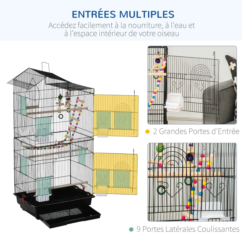 PawHut Cage à oiseaux 46 x 36 x 100 cm 4 mangeoires 3 perchoirs cage pour perruche calopsitte conure pinson canaris