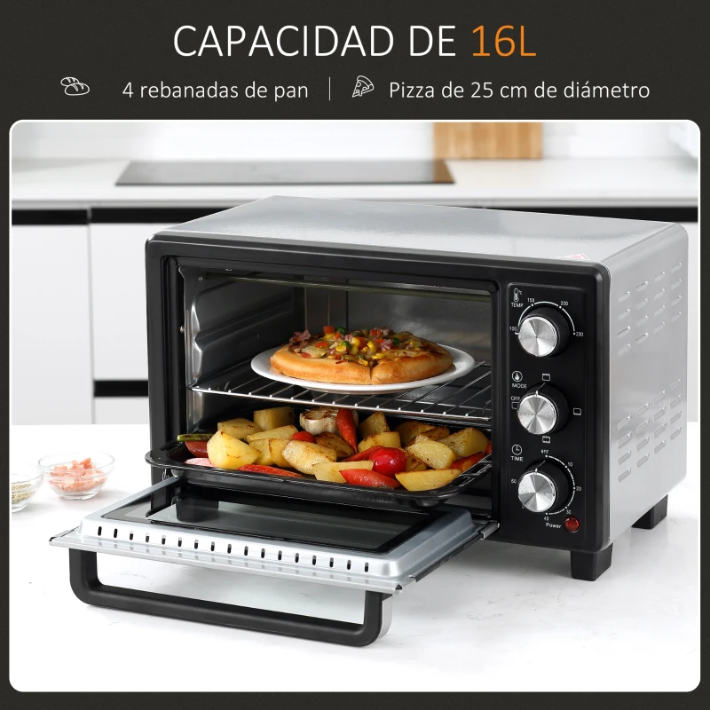 HOMCOM Horno Portátil 16L 1400W con 3 Modos de Calor Temporizador Bandeja de Horneado y Rejilla 44x32x28,1 cm Plata