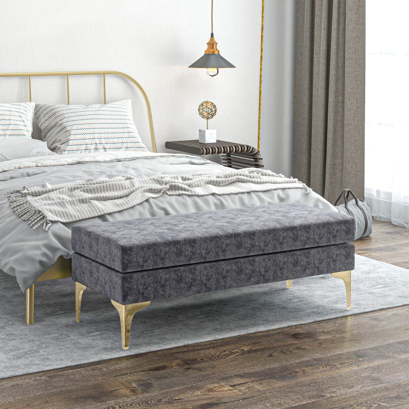 HOMCOM Panca Fondo Letto a 2 Strati in Tessuto Effetto Velluto e Acciaio, 121x50.5x46.5 cm, Grigio Scuro e Oro