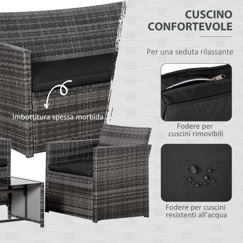 Outsunny Set 4 P.zi Mobili da Giardino in Rattan (PE), Salotto da Esterni con Tavolo, 2 Sedie, Divano due posti, Grigio