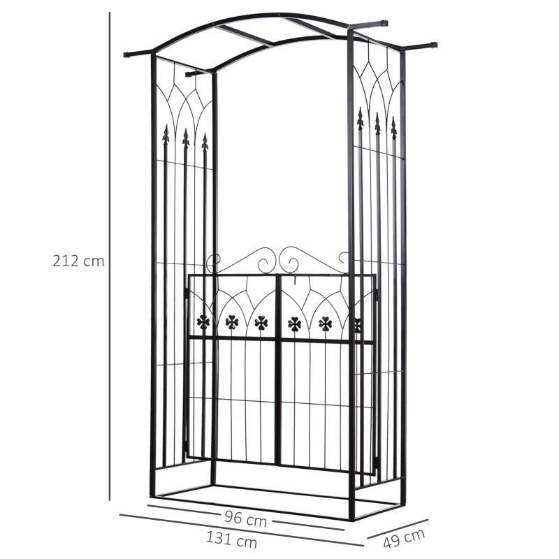 Outsunny Arco de Jardín con Puerta Enrejado de Metal 131x49x212 cm con Cerradura para Plantas Trepadoras Jardín Boda Patio al Aire Libre Color Negro Mate