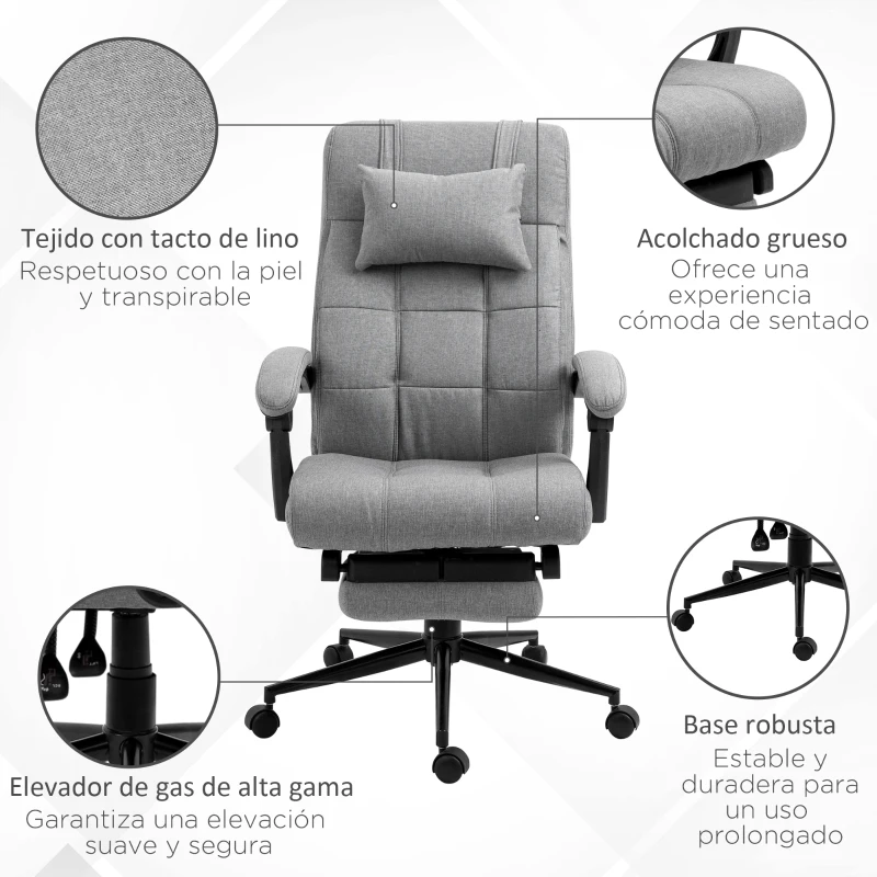 Vinsetto Silla de Escritorio Reclinable con Altura Ajustable Reposapiés Reposacabezas y Reposabrazos 66x76x112-120 cm Gris