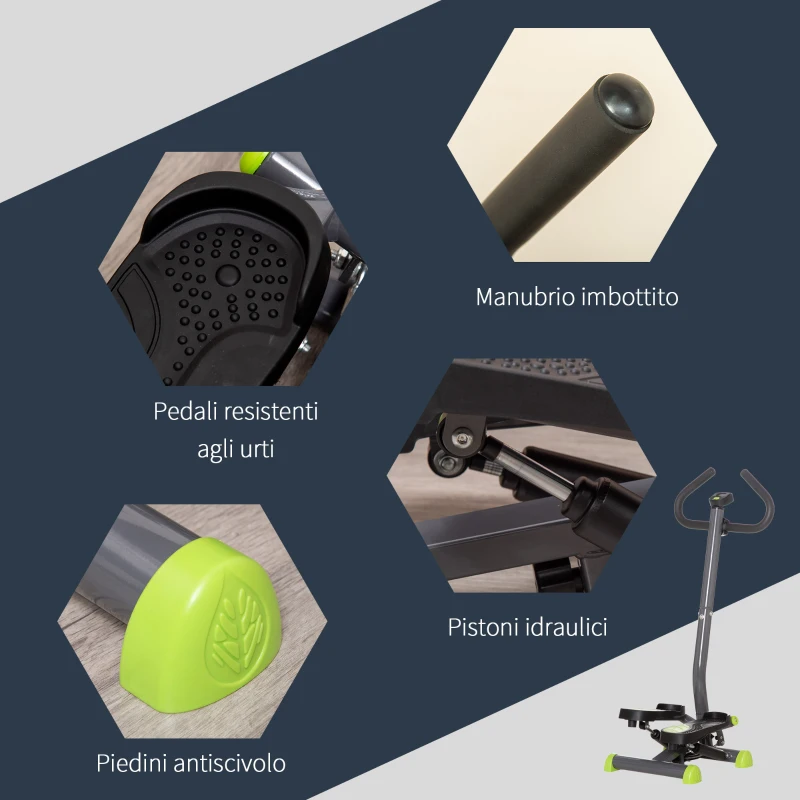 HOMCOM Stepper con Manubrio, Pedali Antiscivolo e Monitor LCD, in Acciaio e ABS, 55x44x108 cm, Nero Grigio e Verde