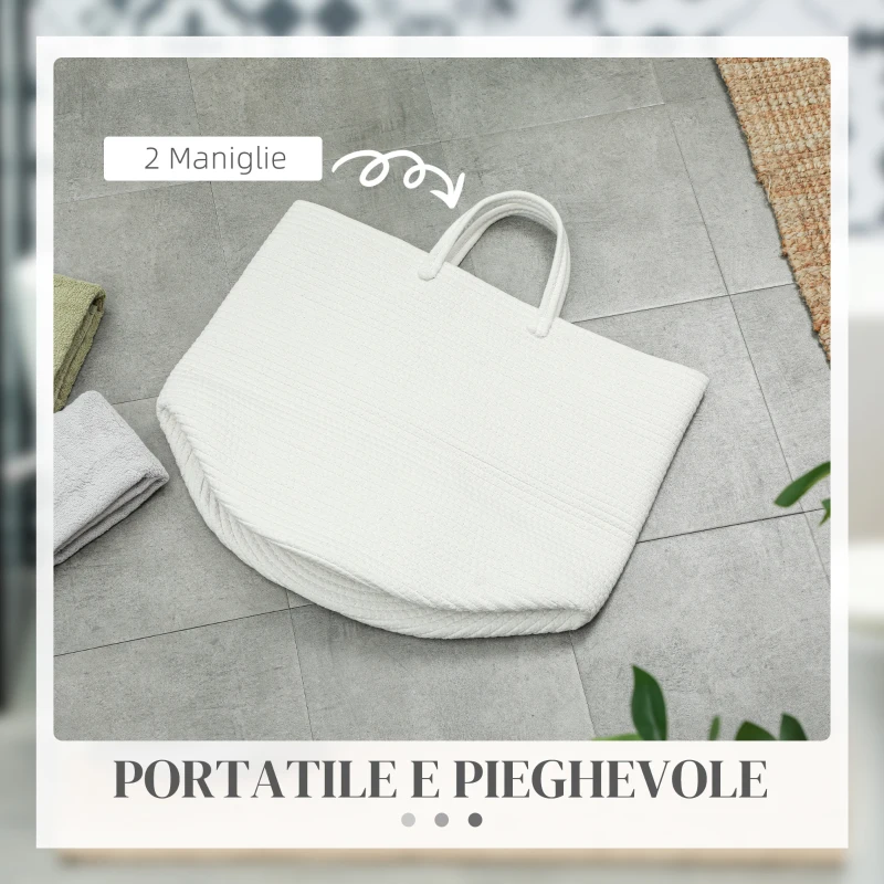HOMCOM Cesto Portabiancheria da 36L Portatile e Pieghevole con Manici in Cotone Naturale, Ø38x45 cm, Crema