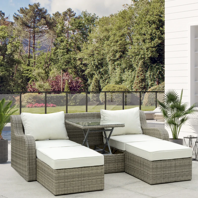 Outsunny Polyrattan Gartenmöbel Set für 3 Personen Gartengarnitur mit Beistelltisch Kissen Aluminium Hellgrau+Beige