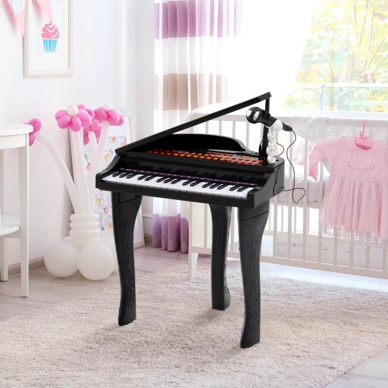 HOMCOM Piano à Queue électronique 37 Touches Multifonctions avec Micro Haut Parleur, tabouret, lumière LED, fonction d'enregistrement et de relecture, instrument de musique enfant 3 à 6 ans Noir