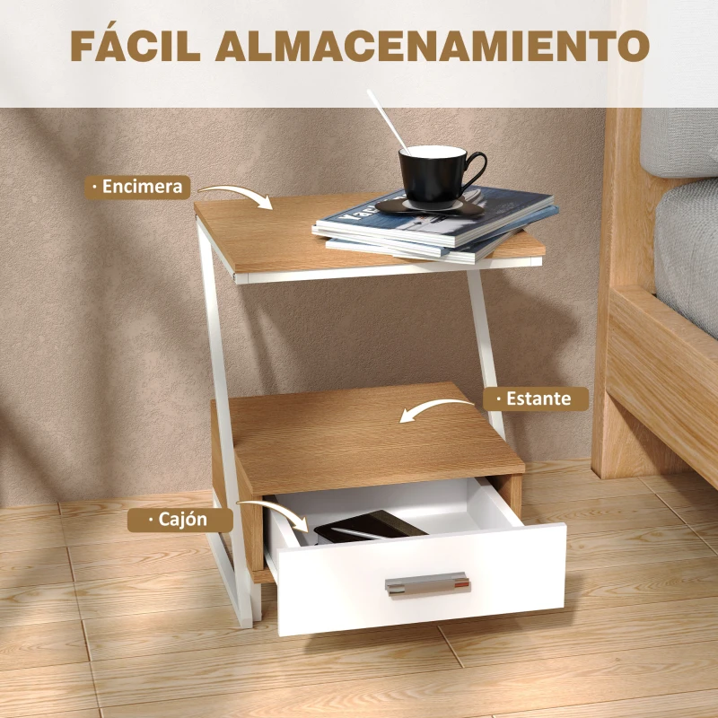 HOMCOM Juego de 2 Mesitas Auxiliares en Forma de Z con Cajón y Compartimento Mesita Auxiliar para Salón 40x35x50 cm Natural