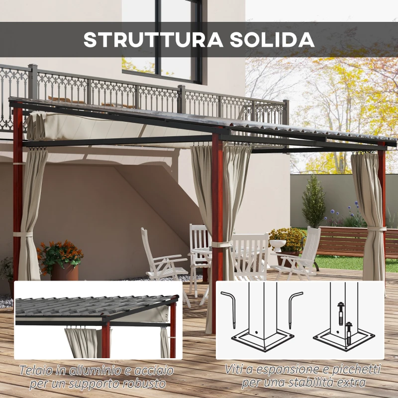 Outsunny Pergola con Tende Laterali e Tetto Retrattile in PC, in Alluminio e Metallo, 345x300x215-255 cm, Crema