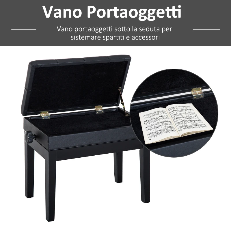 HOMCOM Sgabello per Pianoforte Trapuntato con Vano Contenitore, in Legno e Pelle PU, 54.5x33x48-58 cm, Nero