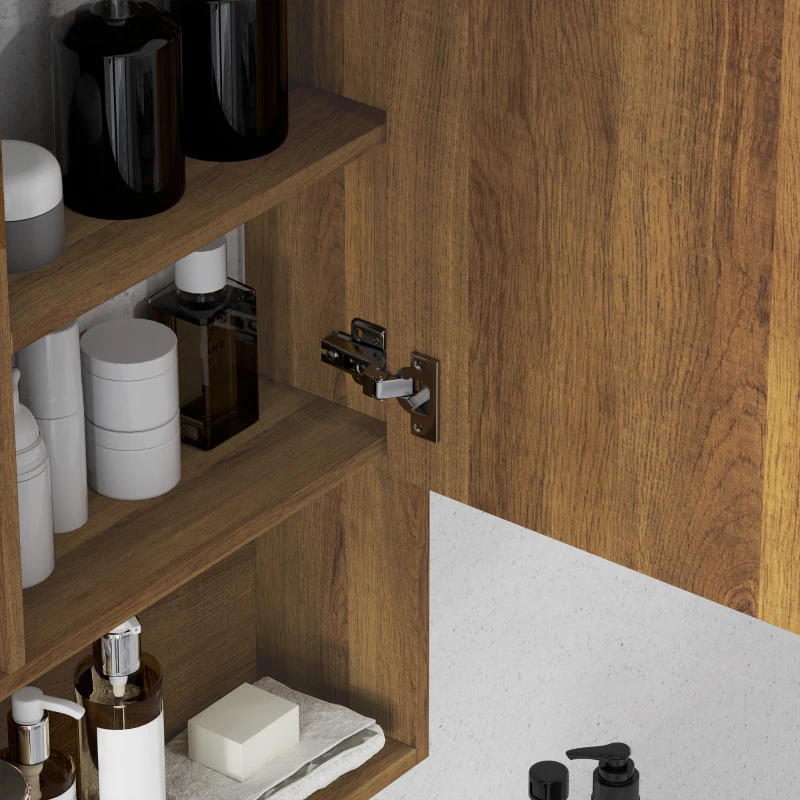 kleankin Armadietto Bagno con Specchio, Ripiani e Scaffale Regolabile, Montaggio a Parete, 60x15x76cm, Noce