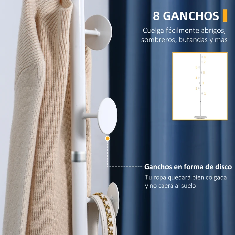 HOMCOM Perchero de Pie Perchero para Abrigos con 8 Ganchos para Colgar Ropa Bolsas Sombreros y Base de Mármol para Dormitorio Pasillo Entrada 35x35x170 cm Blanco