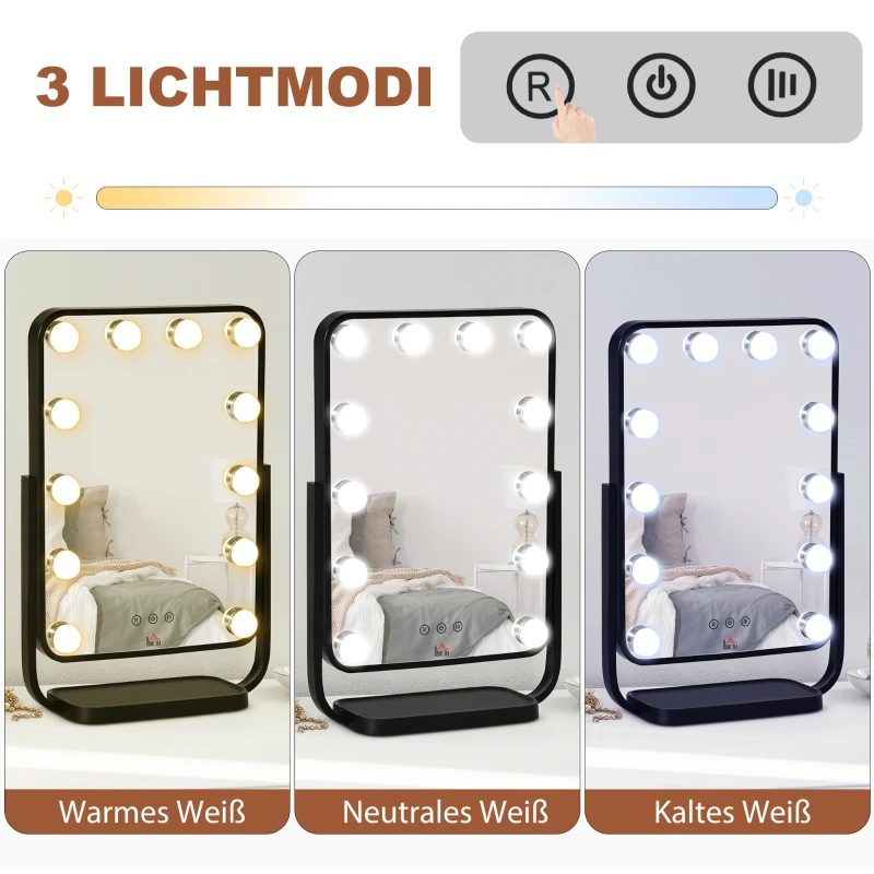 HOMCOM Schminkspiegel mit 12 LED-Lichtern Metall Schwarz
