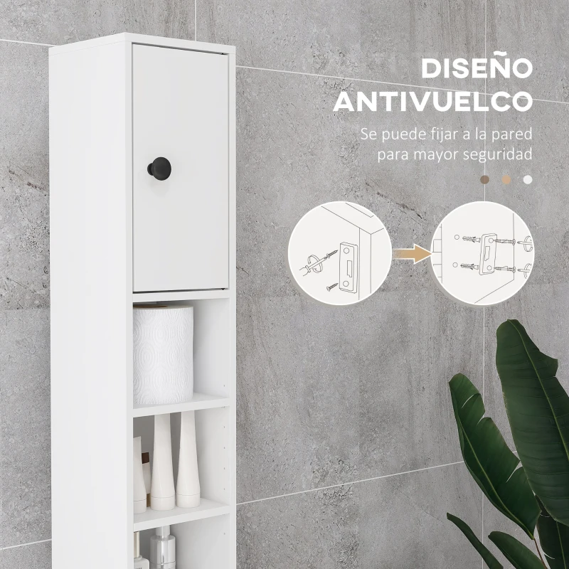 kleankin Mueble Auxiliar Baño Moderno con 1 Cajón 5 Estantes y 2 Armarios para Salón Dormitorio Carga 30 kg 20x20x180 cm Blanco