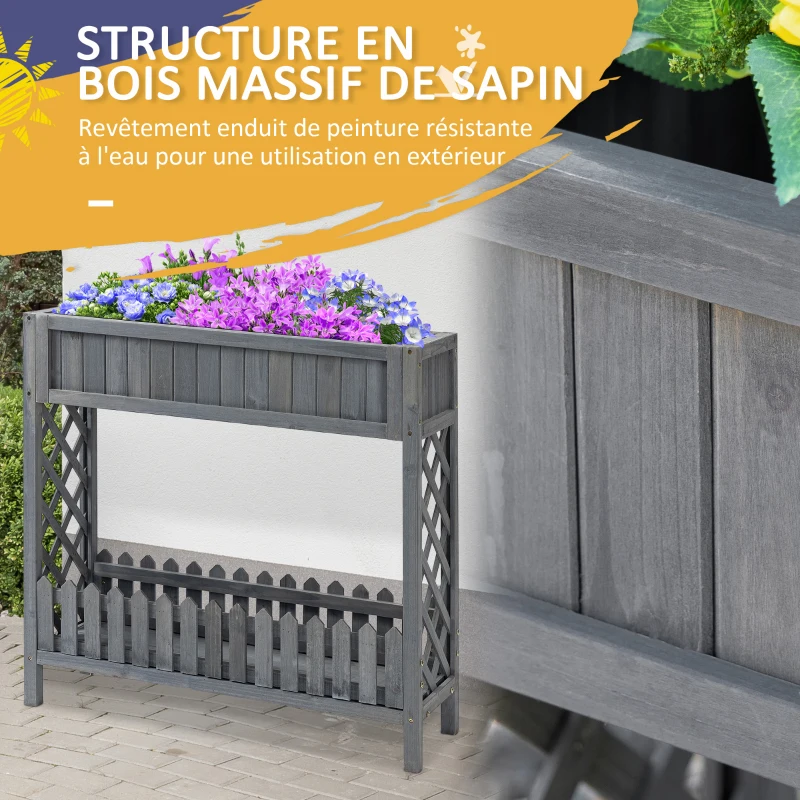 Outsunny Jardinière sur Pied Potager avec étagère barrière - pans latéraux Treillis - dim. 90L x 30l x 90H cm - Bois Sapin Gris