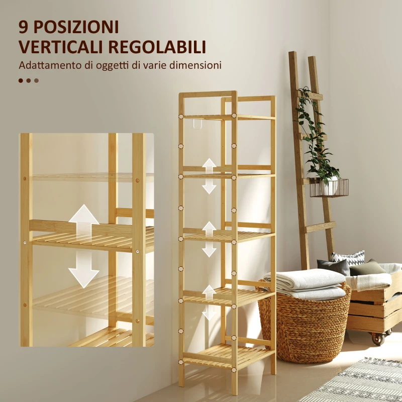 HOMCOM Scaffale Bagno a 5 Ripiani Regolabili in Altezza in Bambù, 43.5x31.5x142 cm, Legno Naturale
