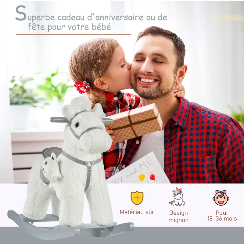 HOMCOM Cheval à bascule bébé de 18 à 36 mois en bois avec effet sonore ours en peluche gratuit 65 x 26 x 55 cm blanc