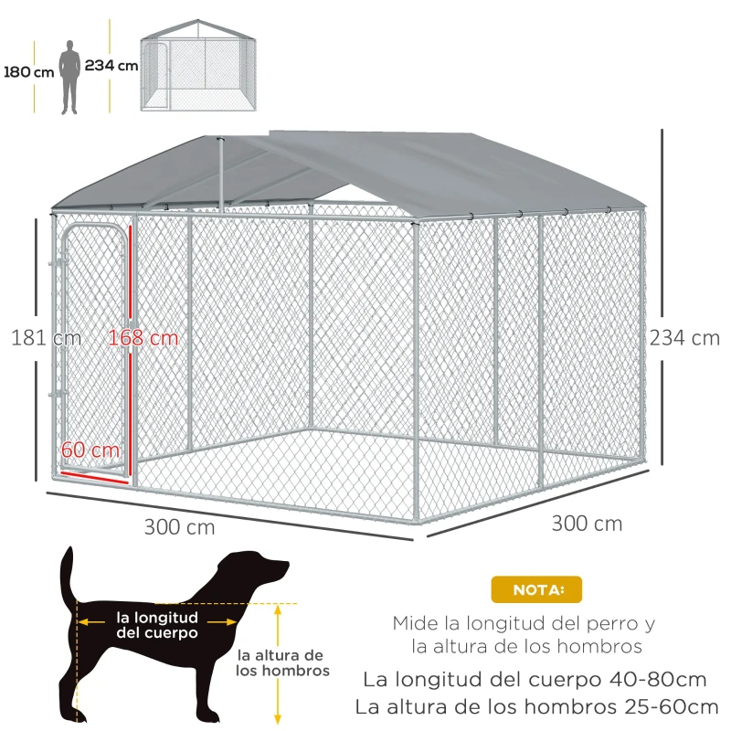 PawHut Jaula para Perros de Exterior con Toldo Anti-UV Impermeable y Marco de Acero para Jardín Patio 300x300x234 cm Plata