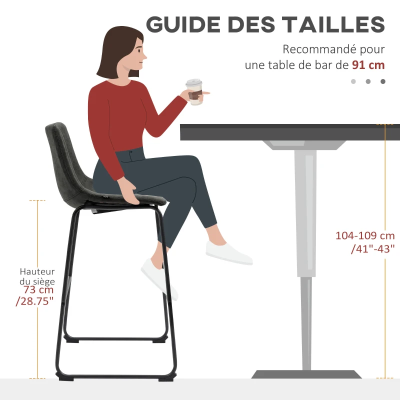 HOMCOM Lot de 2 tabourets de bar design vintage avec repose-pieds métal et revêtement synthétique hauteur 99 cm gris foncé