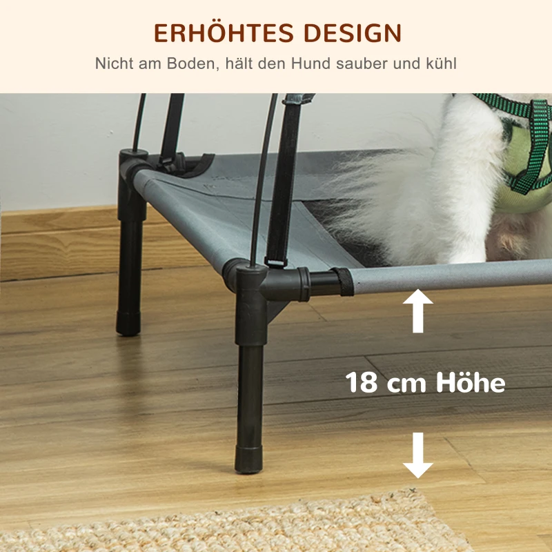 PawHut Erhöhtes Hundebett mit Baldachin, Haustierbett, Hundeliege outdoor mit Dach, Atmungsaktiv, Taftstoff für Camping Grau 76 x 61 x 73 cm