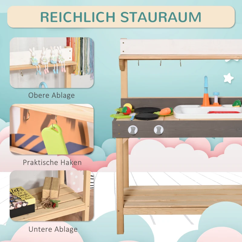 Outsunny Matschküche mit Wasserhahn Kinderküche mit Zubehör 14-Teilige Spielküche Spielzeugküche Holz Kunststoff Natur+Grau+Weiß 75 x 40 x 100 cm