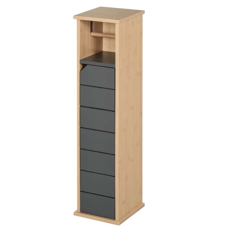 HOMCOM Badezimmerschrank mit höhenverstellbarem Regal Badmöbel mit Tür Toilettenpapier Handtuchhalter versteckter Griff MDF Bambus Braun+Grau 18 x 18 x 75 cm