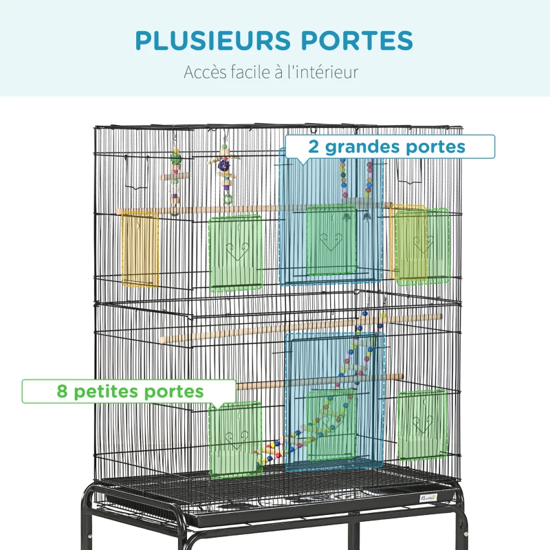 PawHut Cage à oiseaux sur pieds roulettes avec 4 mangeoires et 3 perchoirs 79 x 49 x 133 cm noir