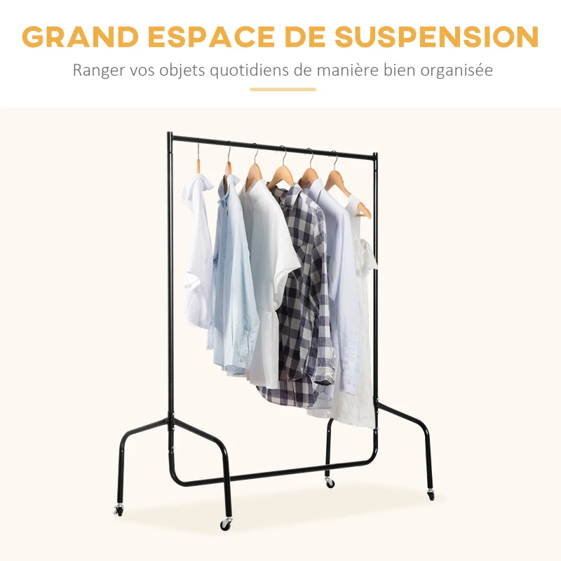 HOMCOM Portant à Vêtements avec Roulettes Tringle a Vêtement solide Charge 140 Kg 150 x 60 x 170 cm Porte-Manteau en acier noir