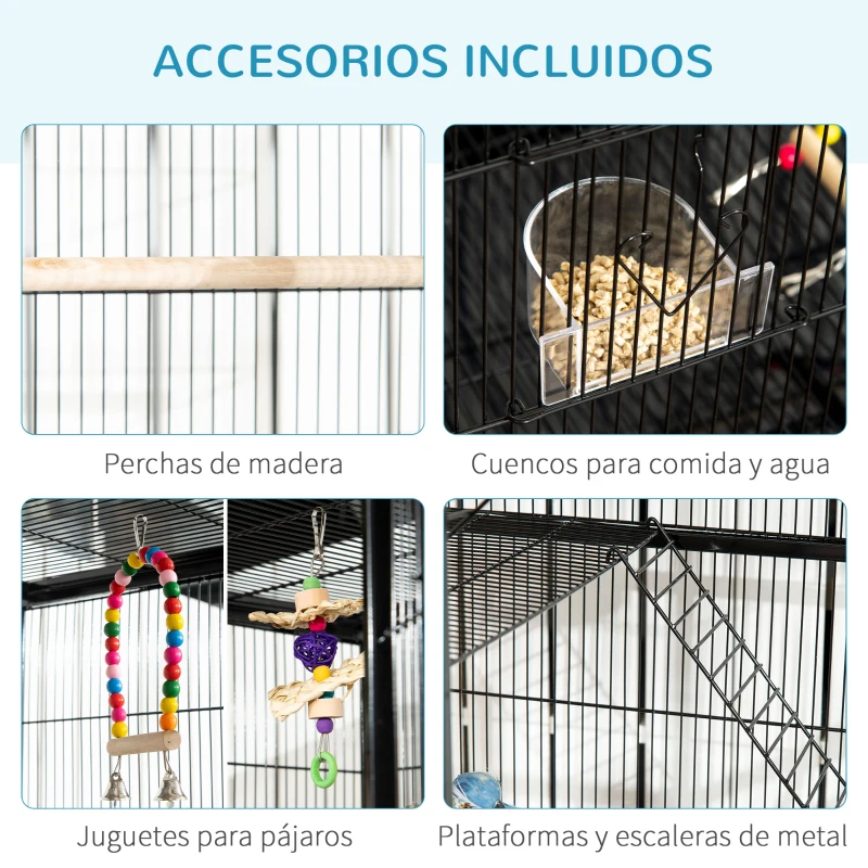 PawHut Jaula para Pájaros con Ruedas 83x53x180 cm Pajarera Metálica de 3 Niveles con 3 Perchas Comederos Juguetes Rampas Negro