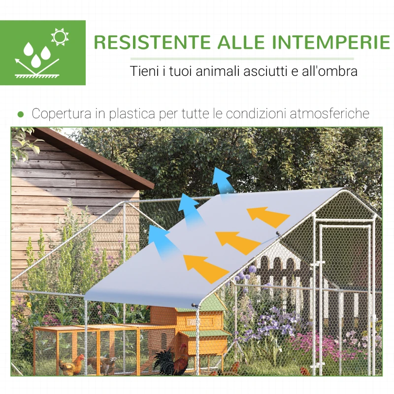 PawHut Pollaio da Giardino con Telaio Zincato, Copertura Impermeabile e Rete Esagonale, 3x4x2 m, Argento