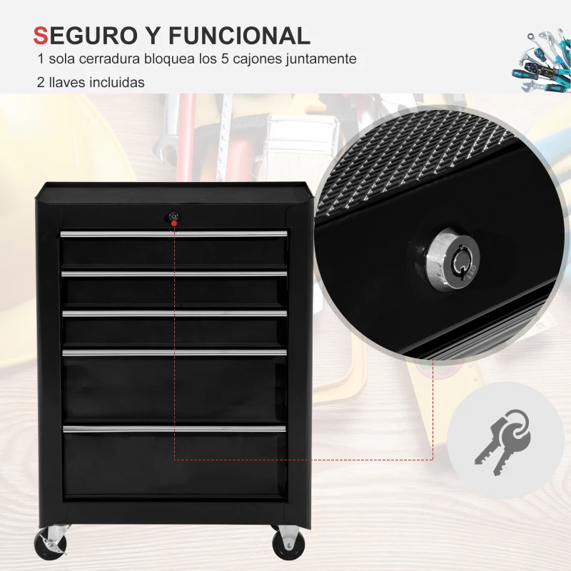 HOMCOM Carro de Herramientas para Taller con Ruedas 5 Cajones Armario con Cierre y Asa Lateral 61,5x33x82,5 cm Negro