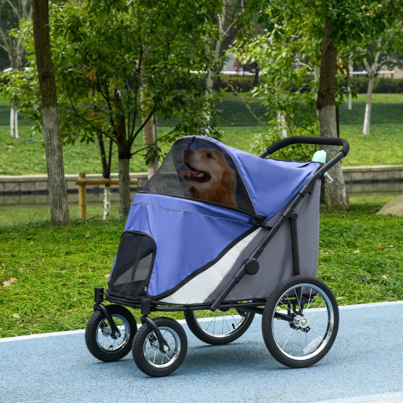 PawHut Foldable Pet Stroller, with Washable Cushion, Storage Bags, Safety Leash, for Medium, Large Dogs, Cats - Blue