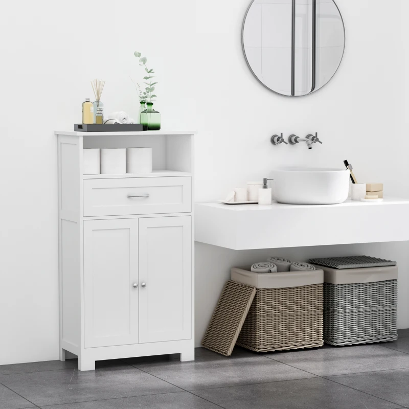 kleankin Meuble Bas de Salle de Bain sur Pied 2 Portes étagère tiroir Niche MDF Blanc