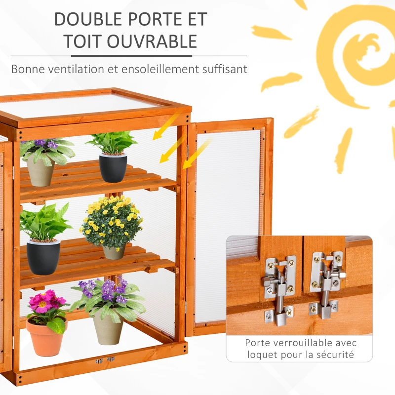 Outsunny Mini Serre de Jardin 3 Niveaux dim. 58L x 44l x 78H cm Double Porte Toit ouvrant Bois Sapin lasuré Polycarbonate