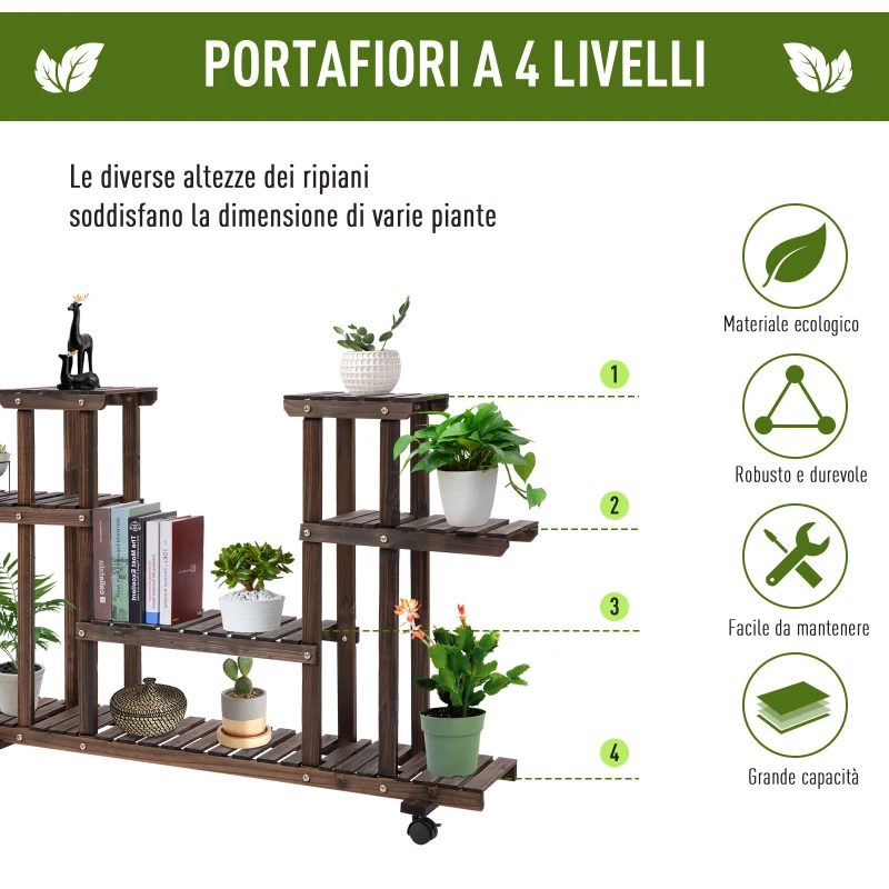 Outsunny Scaffale Portafiori a 4 Livelli, Fioriera da Esterno e Interno in Legno con 4 Ruote, 123.5 x 33 x 80cm