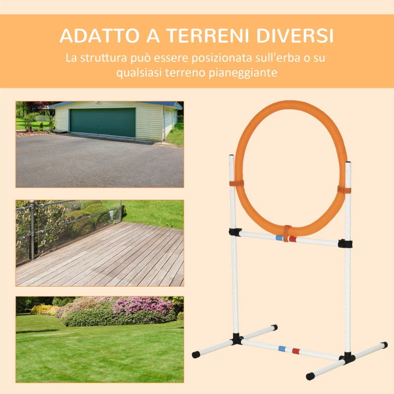 PawHut Set Agility Dog Portatile con Anello e Sbarra, Multiuso e Salvaspazio, con Borsa da Trasporto Inclusa, 74.5x66x91cm, Bianco e Arancione