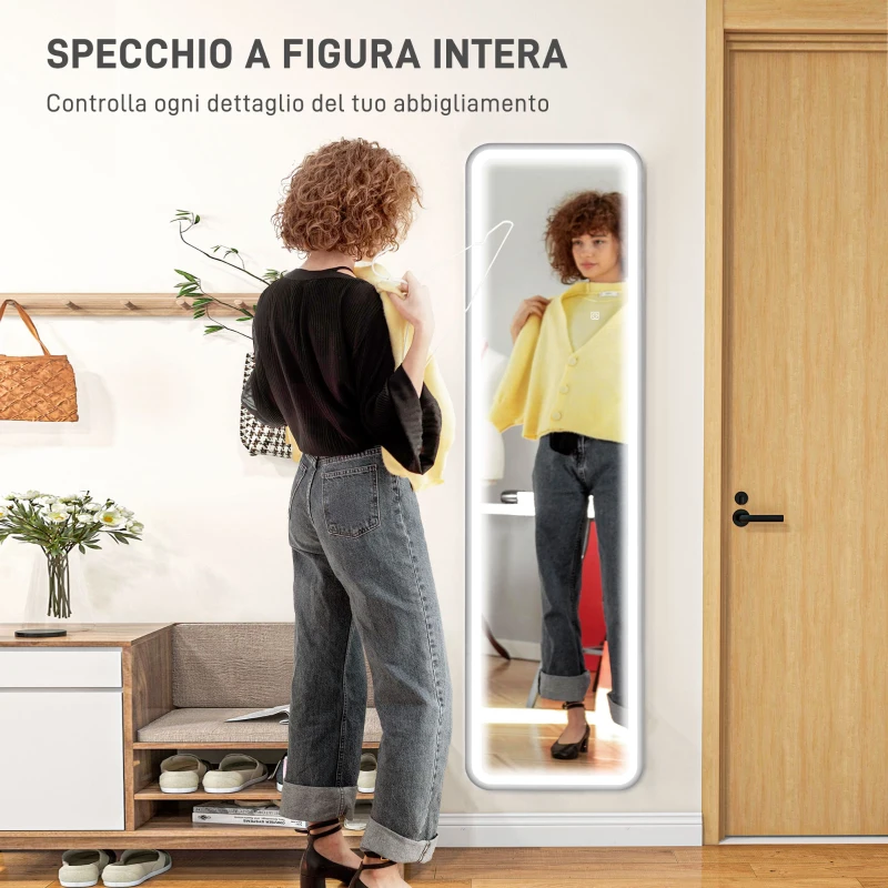 HOMCOM Specchio da Parete Touch con Illuminazione LED Regolabile, in Vetro Temperato e Metallo, 40x3x120 cm, Nero