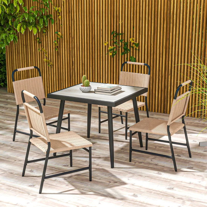 Outsunny Ensemble table carrée et 4 chaises de jardin, 5 pièces, plateau verre trempée, résine tressée effet rotin