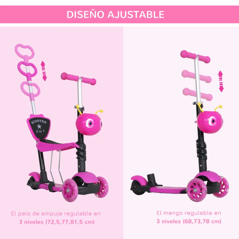HOMCOM 3 en 1 Patinete para Niños de +18 Meses Scooter de 3 Ruedas con Asiento Extraíble Manillar Mango de Empuje Altura Ajustable 62x25x72,5 cm Rosa