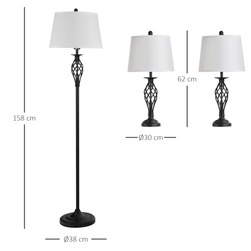 HOMCOM Lot de 3 luminaires design contemporain - lampadaire sur pied + 2 lampes de tables - métal noir polyester coton blanc