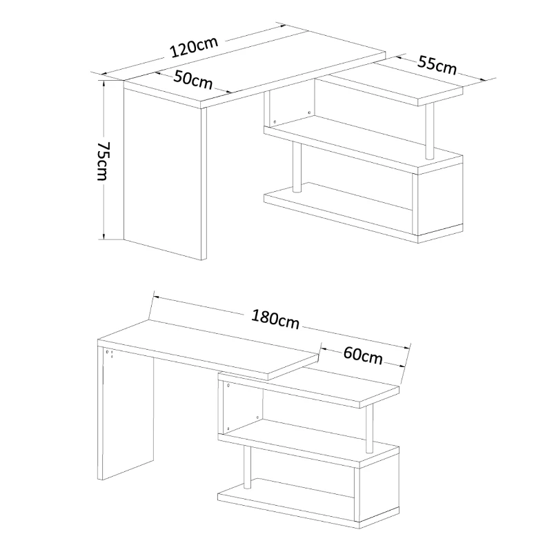 HOMCOM Bureau informatique table informatique table de salle à manger modulable avec bibliothèque adjacente design contemporain mélaminé métal chromé blanc(m-3)
