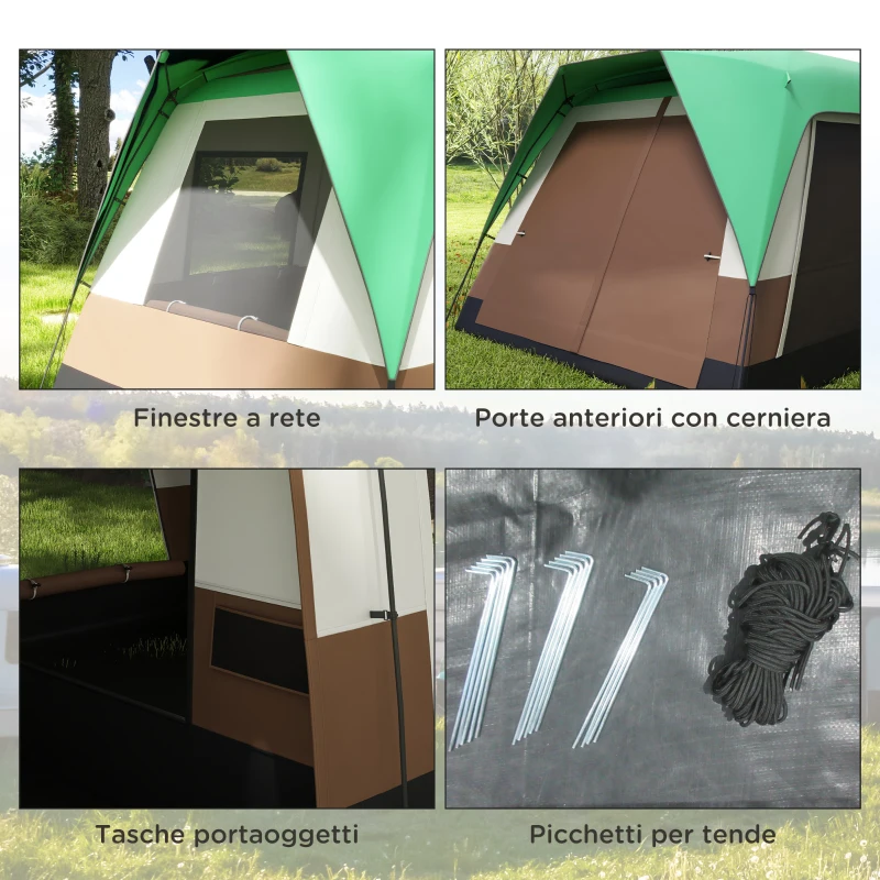 Outsunny Tenda da Campeggio 4 Posti a Tunnel Impermeabile con Finestre a Rete, in Poliestere, 490x305x225 cm, Verde