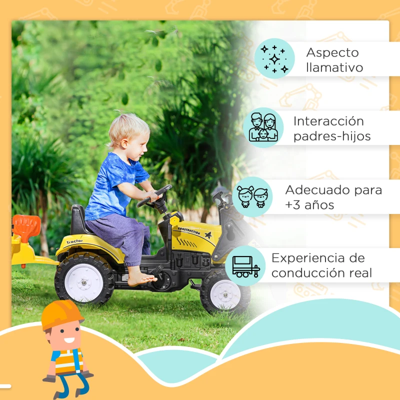 HOMCOM Tractor a Pedales para Niños de 3 Años Excavadora Infantil con Remolque Extraíble y Pala Delantera 167x41x52 cm Amarillo